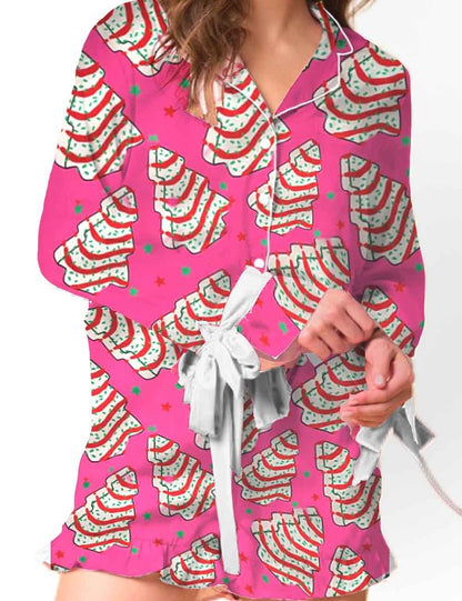 Cute Tree Print Satin Ruffled Pajamas Set