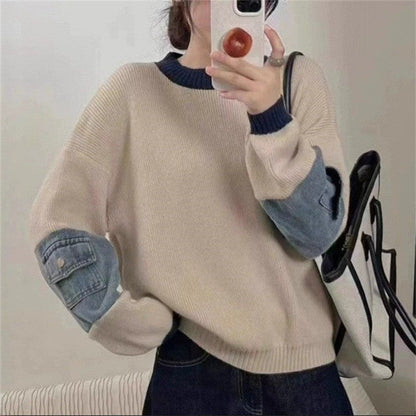 Denim Patchwork Pullover Sweater