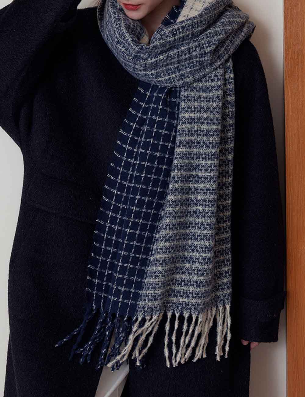 Soft Wool Blend Checkered Fringe Scarf