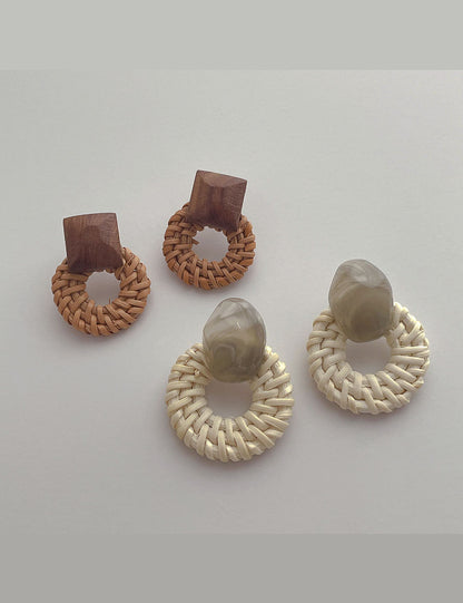 Vintage Handmade Rattan Round Drop Earrings