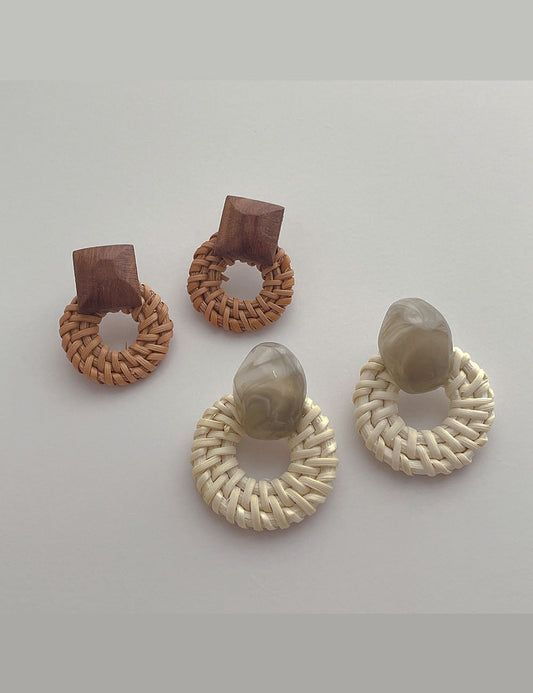 Vintage Handmade Rattan Round Drop Earrings