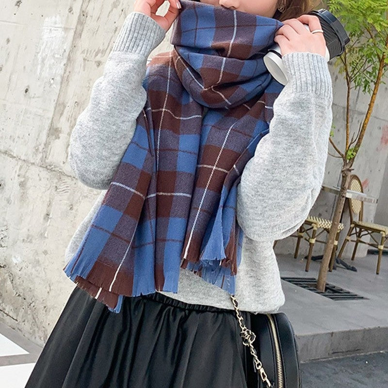 Plaid Print Thick Tassel Shawl Scarf