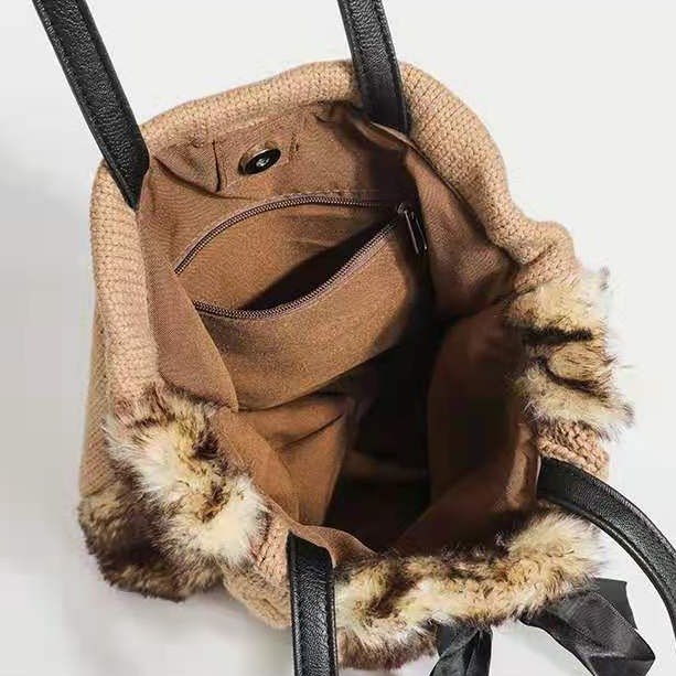 Leopard Knit Patchwork Plush Shoulder Tote Bag