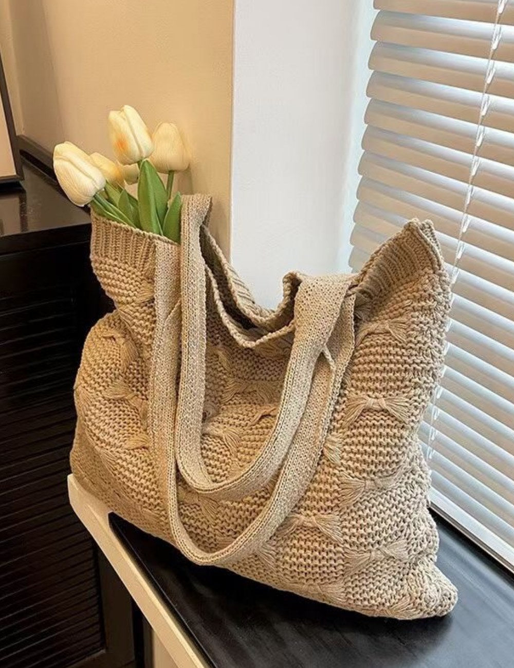 Solid Color large Cpacity Knit Shoulder Tote Bag