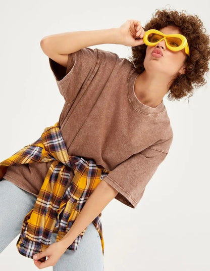 Washed Distressed Loose Short Sleeves Top