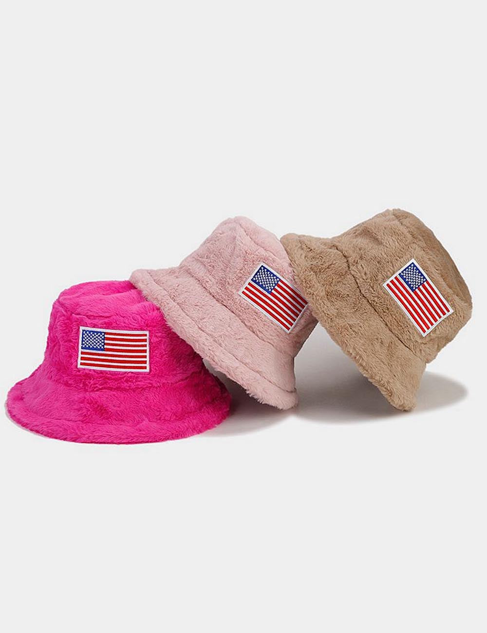 Winter American Flag Fuzzy Warm Bucket Hat
