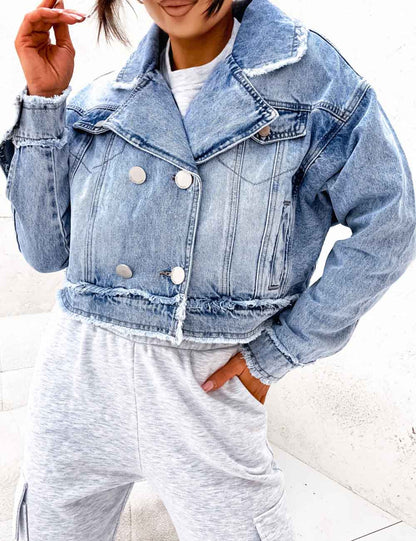 Denim Washed Lapel Collar Frayed Hem Jacket