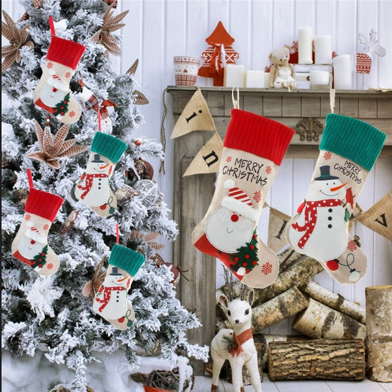 Linen Embroidery Old Man Snowman Gift Candy Bag Pendant Christmas Socks Gift Bag