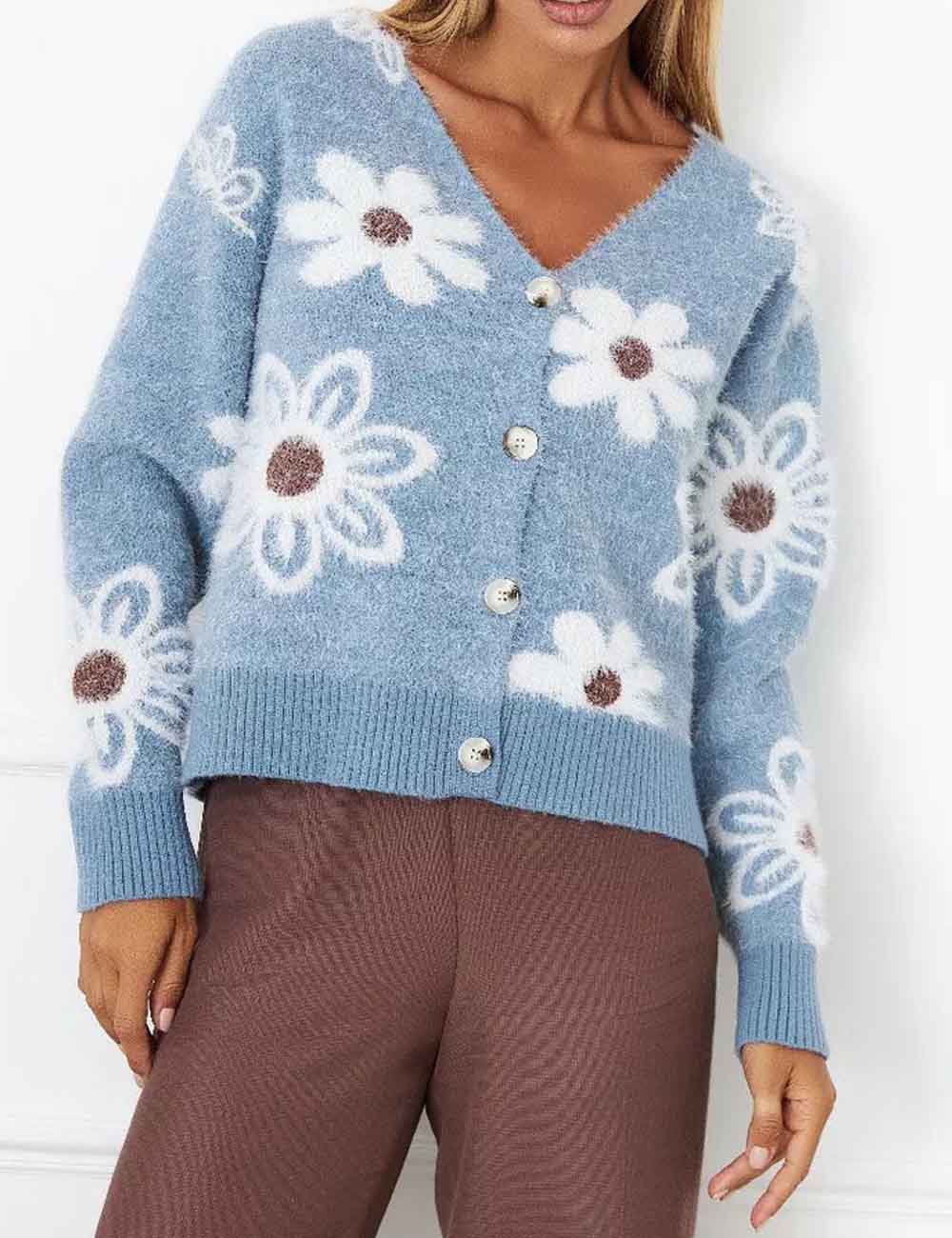 Jacquard V-Neck Button Down Cropped Knit Cardigan