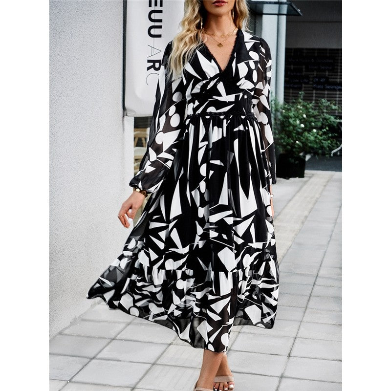 Casual Irregular Color Block Printed V-Neck Long-Sleeved Dress
