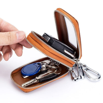 Men's Genuine Leather Zipper Double Layer Key Bag