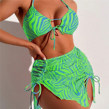 Striped Split Three-Piece Printed Bikini Swimsuit