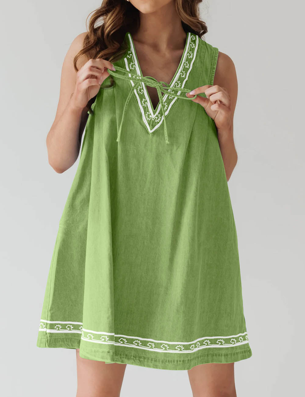 Trendy V-Neck Sleeveless Embroidered Denim Dress