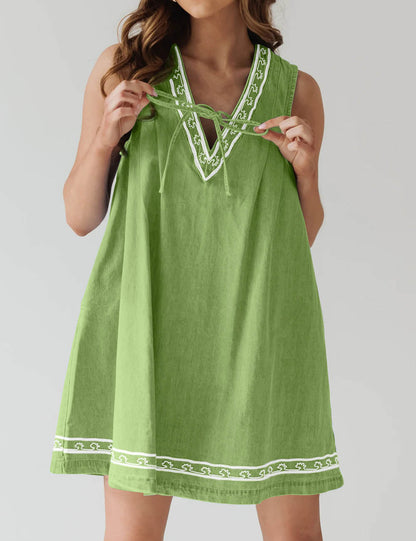 Trendy V-Neck Sleeveless Embroidered Denim Dress