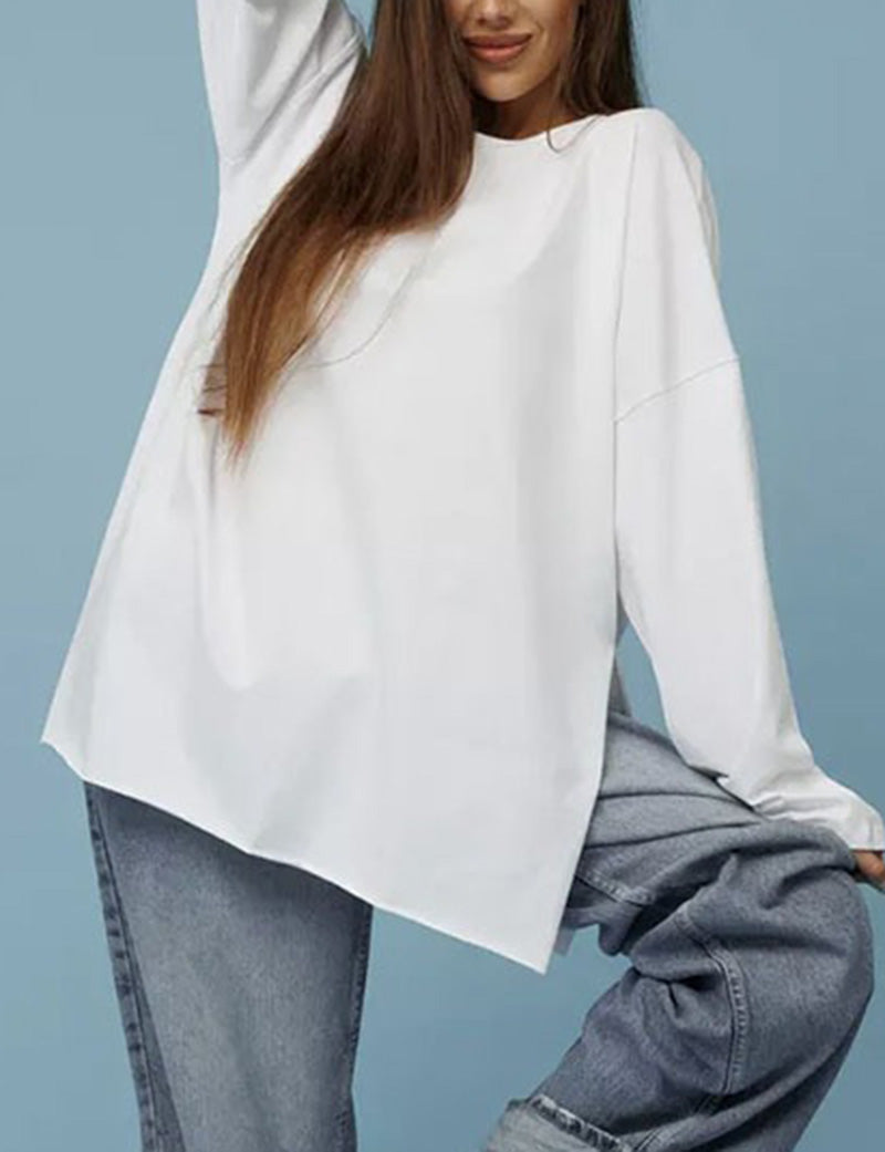 Solid Color Loose Side Split Knit Tops