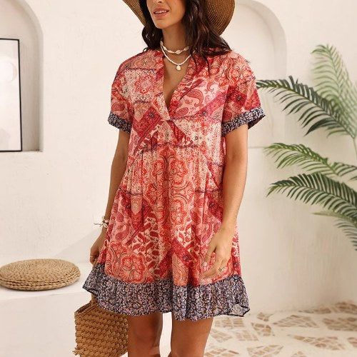 Bohemian V-Neck Print Chiffon Mini Dress