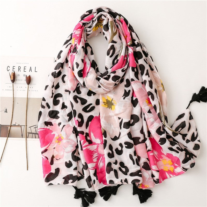 Tropical Plant Floral Leopard Contrast Scarf
