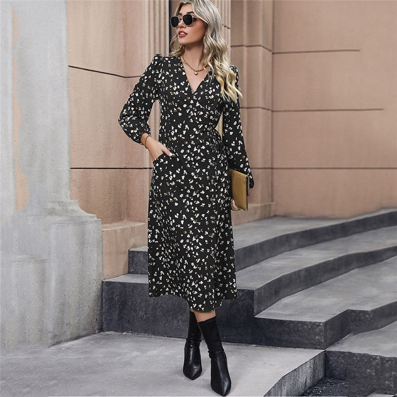 Black V-Neck Waisted Lantern Sleeve Printed Dress