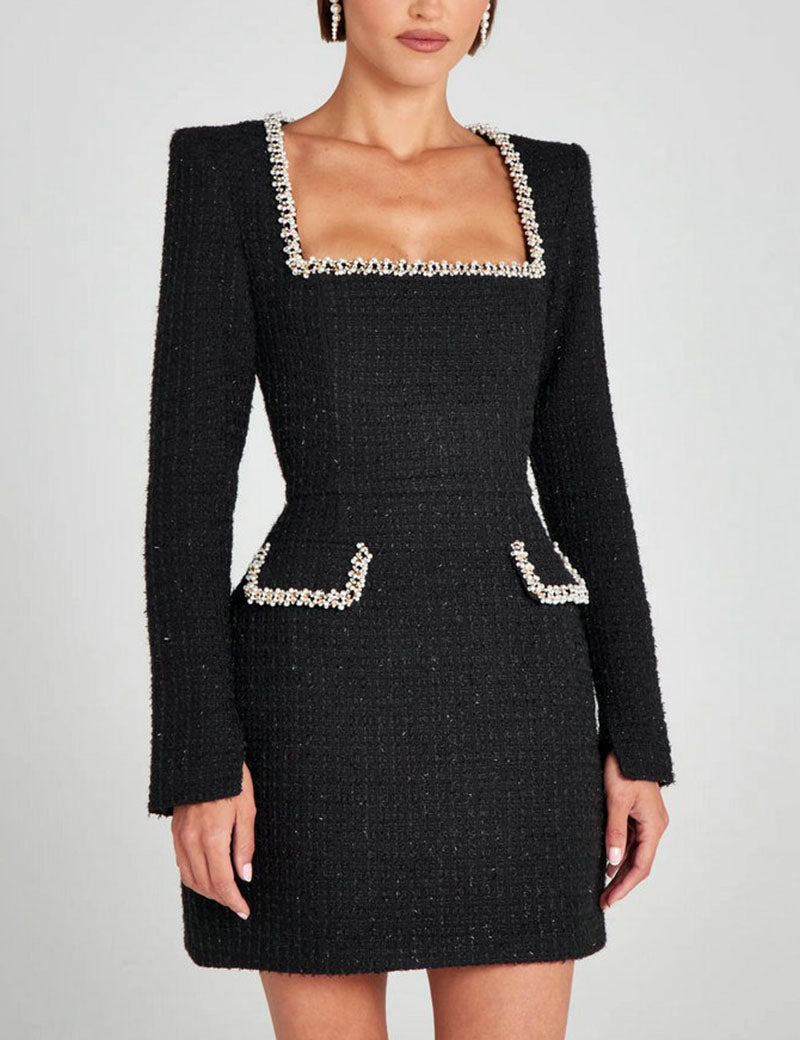 U-Neck Elegant Pearl Tweed Mini Dress