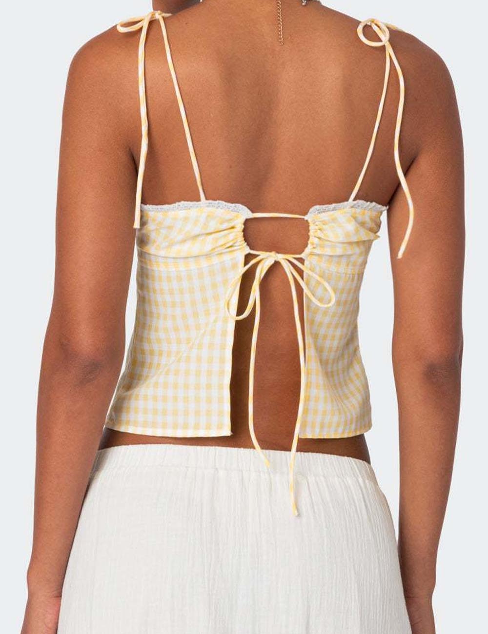 Sweet Plaid Lace Trim Spaghetti Strap Top