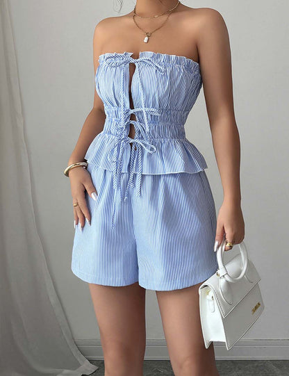 Elegant Stripe Strapeless Tie Front Mini Shorts Set