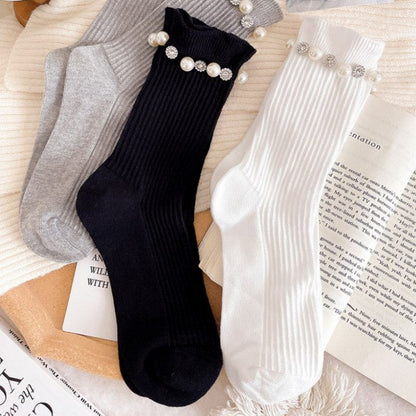 Rhinestone Pearl Solid Color Sweet Socks