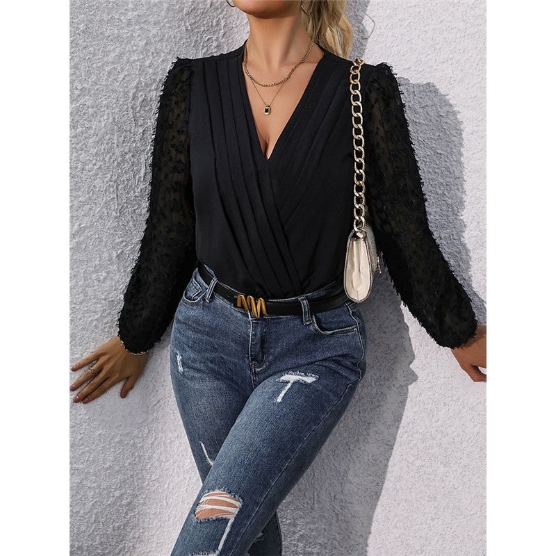 Black V-Neck Elegant Woven Jacquard Lace Sleeves Jumpsuit