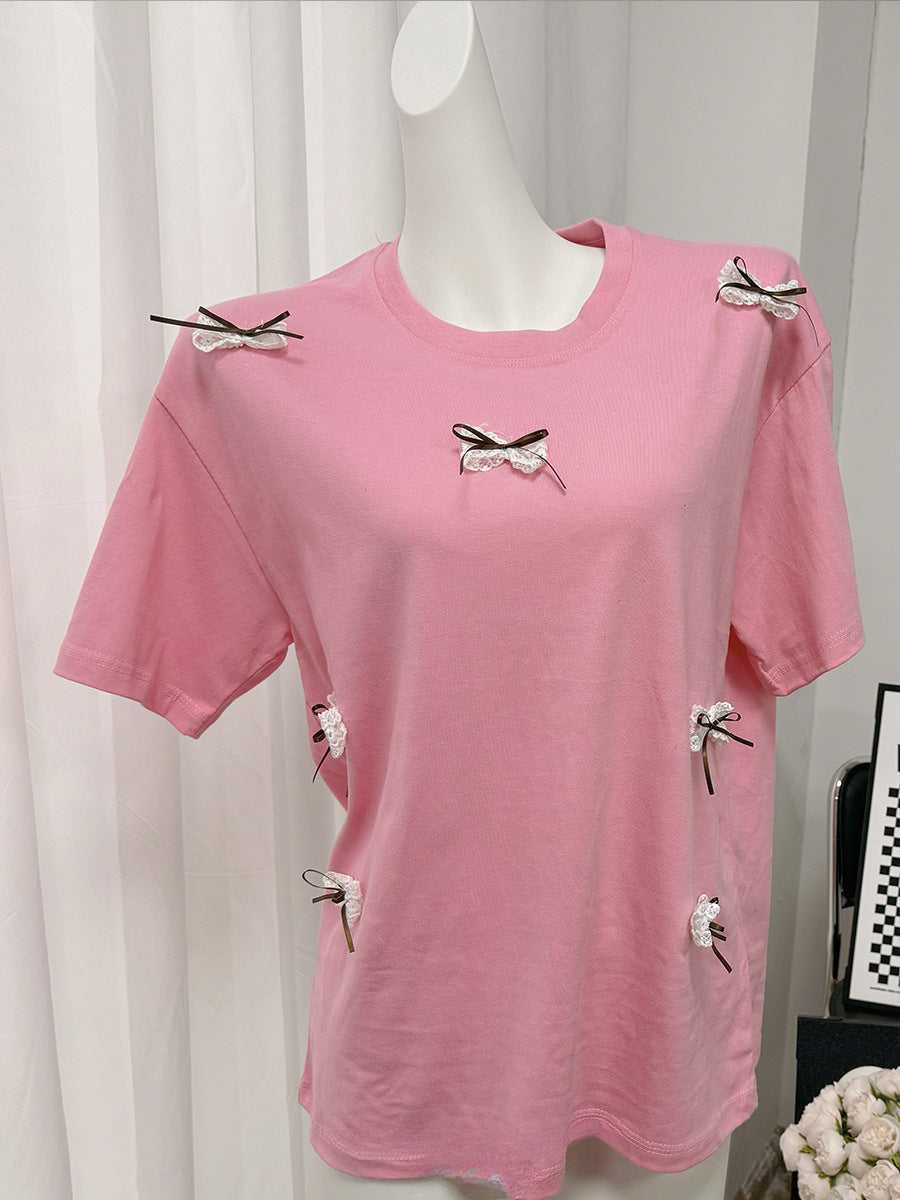 Simple Bow Round Neck Short Sleeves Top