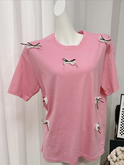 Simple Bow Round Neck Short Sleeves Top