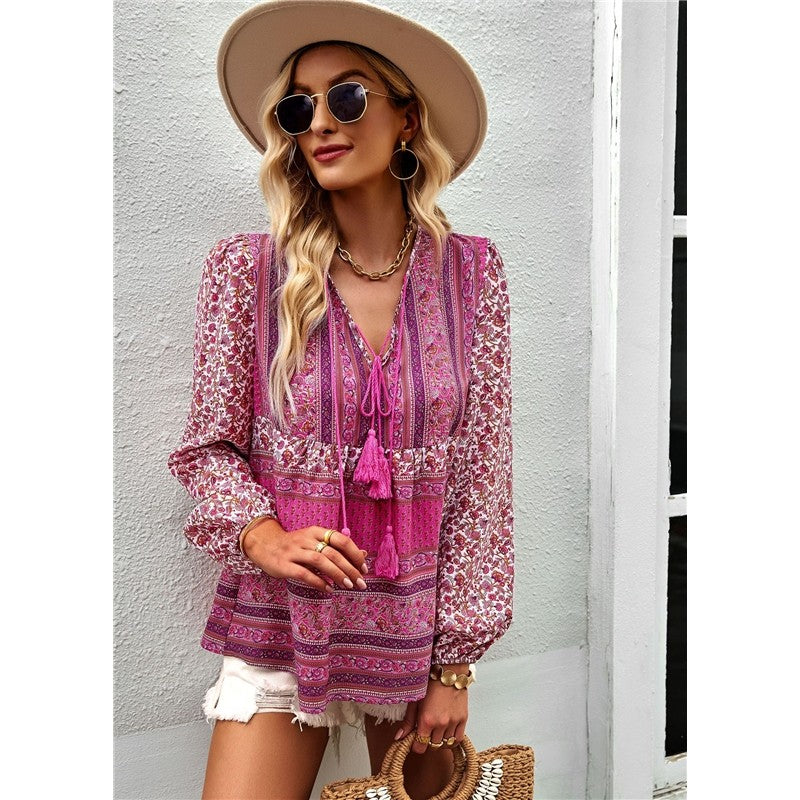 Long Sleeves V-Neck Printing Boho Blouse Top