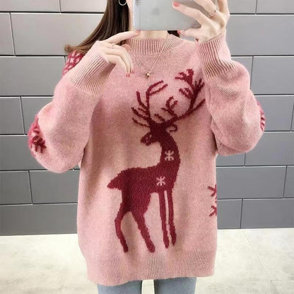 Deer Jacquette Round Neck Knit Sweater