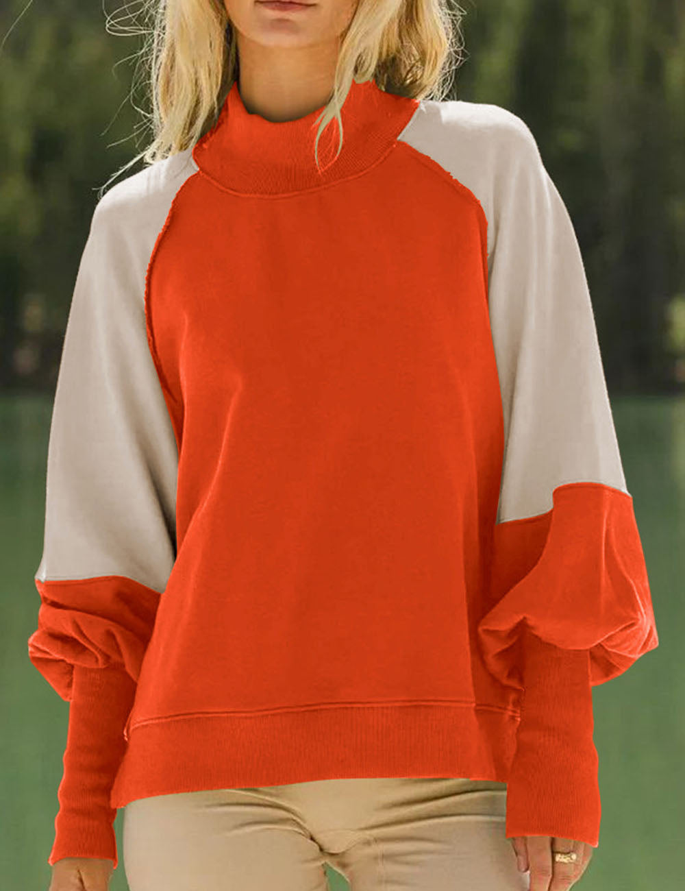 Casual Color Block Lantern Sleeve Sweatshirt