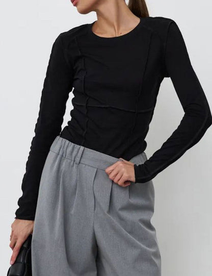 Patchwork Round Neck Simple Tops