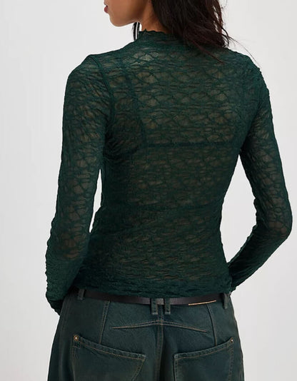 Solid Color Lace See Through Slim Tops