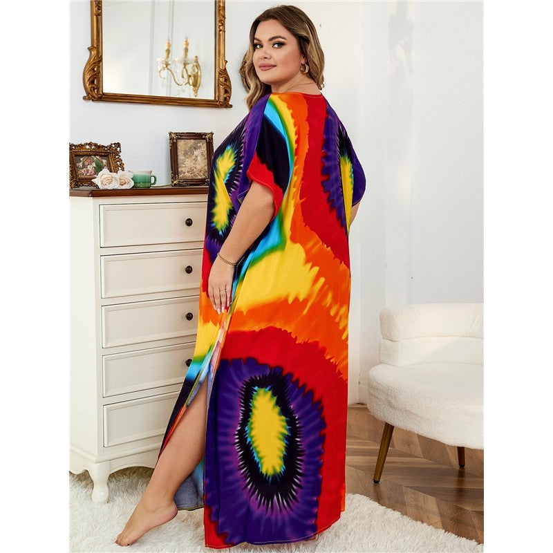 Contrast Color Printing V-Neck Short Sleeve Casual Loose Long Beach Dress Bikini Cover-Up