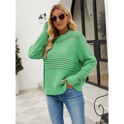 Solid Color Long Sleeve Crewneck Hollow Pullover Knitted Sweater