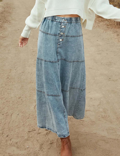 Minimalist Layered A-Line Denim Midi Skirt