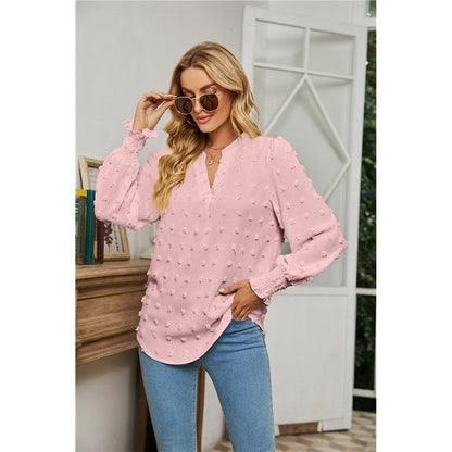 Solid Color V-Neck Long Sleeves Dots Blouse Top