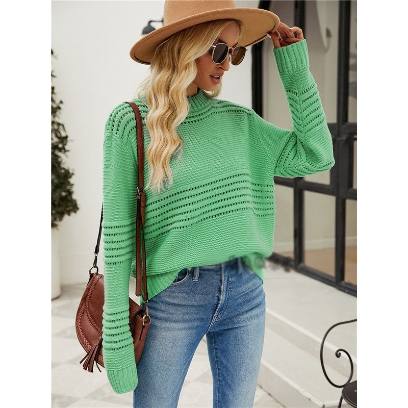 Solid Color Long Sleeve Crewneck Hollow Pullover Knitted Sweater