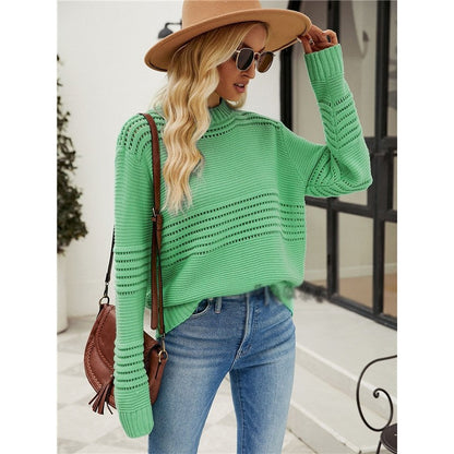Solid Color Long Sleeve Crewneck Hollow Pullover Knitted Sweater