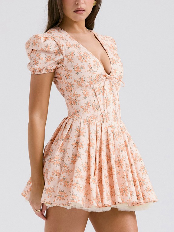 Puffy Sleeves V-Neck A Line Mini Dress