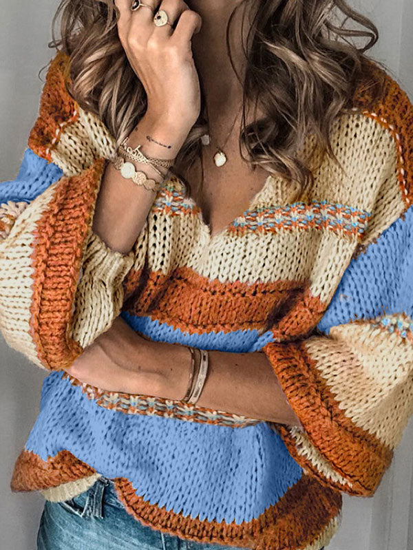 Knitted Cotton Contrast Color Long Sleeves Sweater Tops