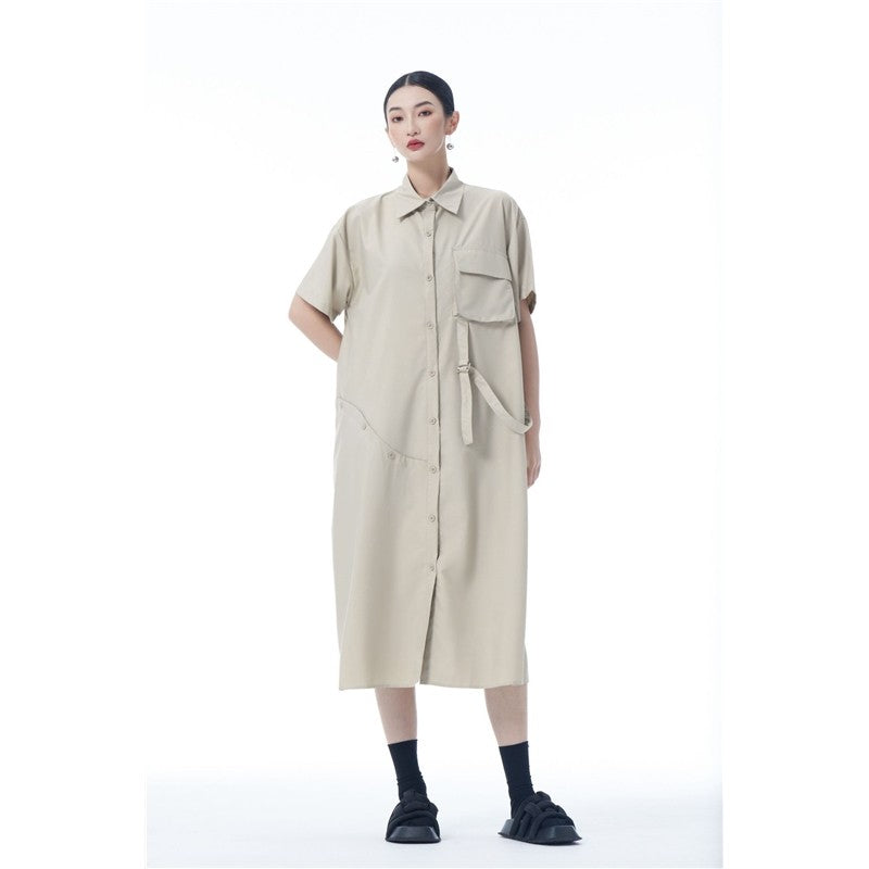 Simple Collar Pocket Shirt Dress Loose Sleeve