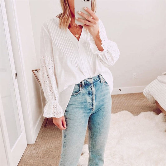 V-Neck Embroidered Hollow Shirt