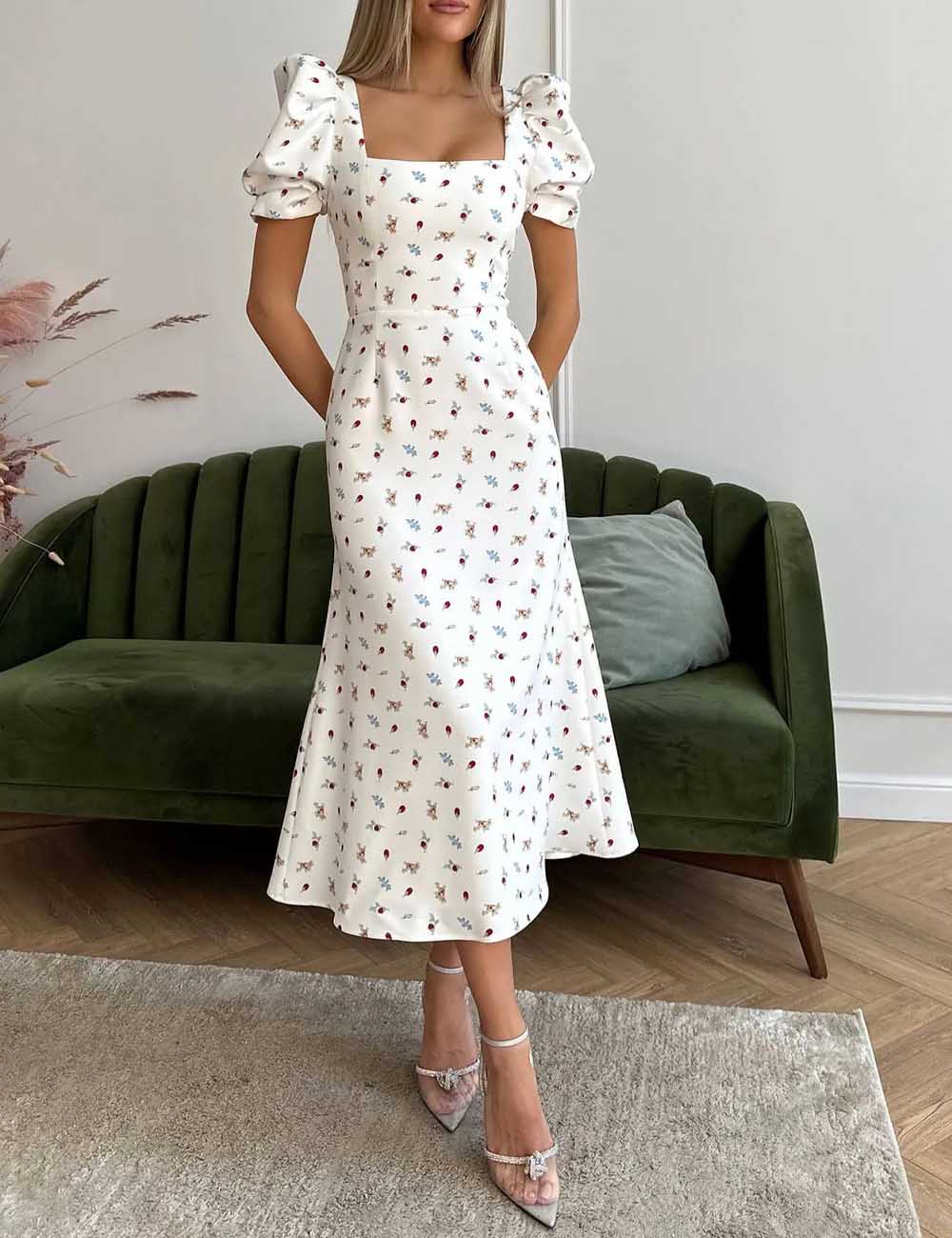 Elegant Floral Print Square Neck Midi Dress