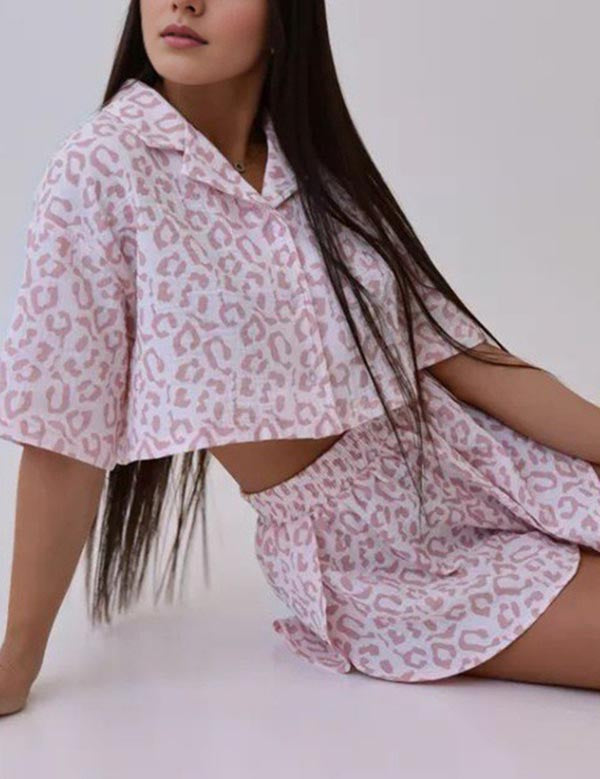 Print Button Down Top Shorts Loungewear Set