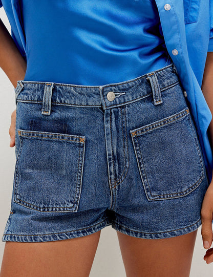 Denim Pocket Casual Mid-Waist Washed Shorts
