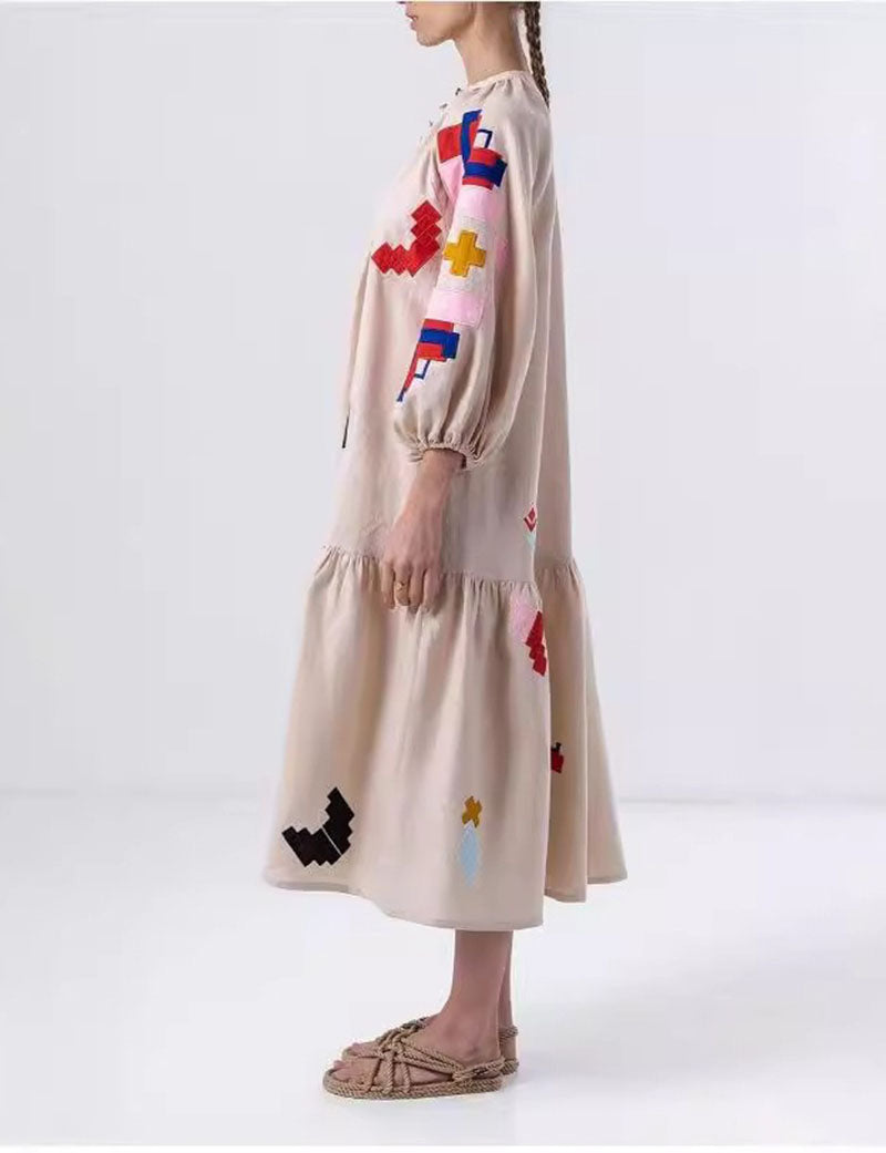 Lantern Sleeves Print Loose Midi Dress