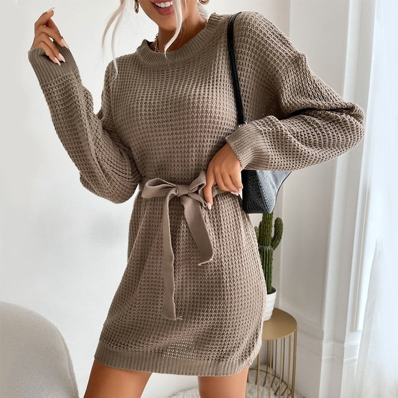 Short Lace-Up Solid Color Long-Sleeved Sweater Dress