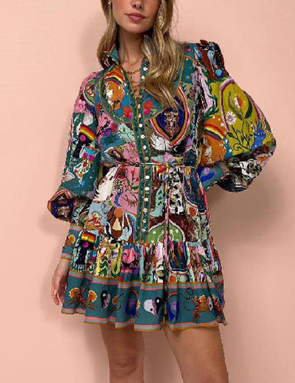 Long Sleeve Floral Tie-Waist Pleated Mini Dress